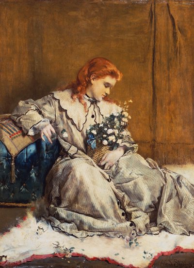 Daydream, mladá rusovláska s modrým osmanským od Alfred Emile Stevens