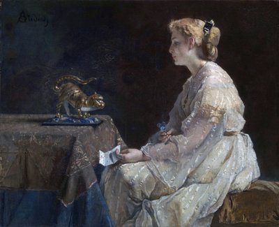 "Současnost"" Mladá žena objevující sošku kočky - Obraz Alfreda Stevense (1823-1906) kolem roku 1870 Londýnská národní galerie od Alfred Emile Stevens