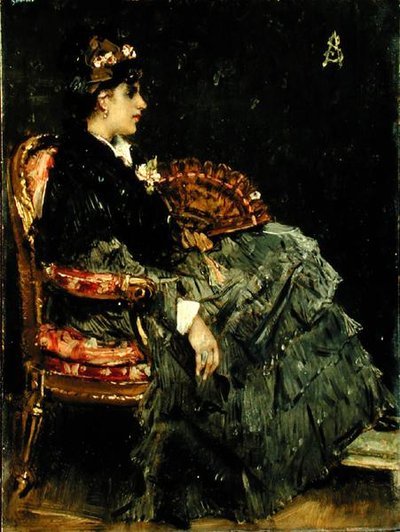 Sedící dáma s ventilátorem (olej na panelu) od Alfred Emile Stevens