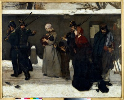 Takzvané tuláctví také říká, že lovci národních stráží Vincennes zastavují rodiny na ulici. Obraz Alfreda Stevense (1823-1906) Sun. 1,3x1,6 m Paříž, musee d