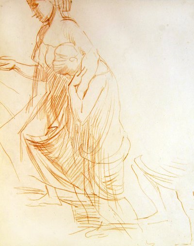Studie dvou postav, jedné stojící a druhé klečící, kolem roku 1850 (červená křída na papíře) (viz 366413 pro opak) od Alfred George Stevens