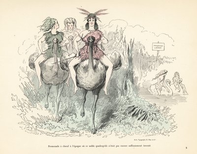 Ženy ve zvířecích kůžích a peřích jezdí na pštrosech a labutích. od Alfred Grevin