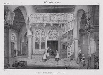 Vyřezávaná dřevěná zástěna kaple Notre Dame de Lambader, Plouvorn, Bretaň, Francie (litho) od Alfred Guesdon