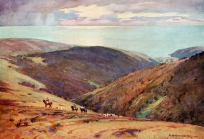 Lov jelena na Exmooru, Vale of Porlock (barva litho) od Alfred Heaton Cooper