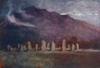 Lake District: (barevná litografie): Druid Circle, nedaleko Keswicku, měsíční svit (barevná litografie) od Alfred Heaton Cooper