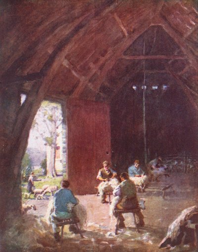 Lake District: Sheep-Shearing, Esthwaite Hall Farm (barevná litografie) od Alfred Heaton Cooper