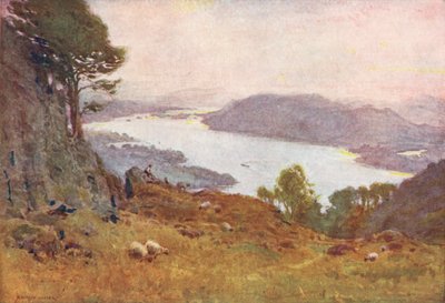 Lake District: Windermere z Wansfellu, západ slunce (barevná litografie) od Alfred Heaton Cooper