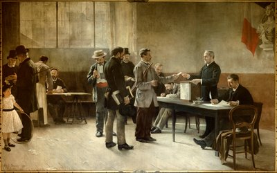 Všeobecné volební právo Volební místnost v roce 1891. Obraz Alfreda Bramtota (1852-1894) 1891 les Lilas, radnice od Alfred Henri Bramtot