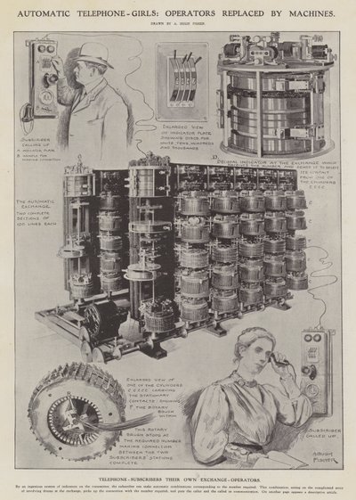 Automatické telefonní dívky: operátory nahrazeny stroji (litho) od Alfred Hugh Fisher