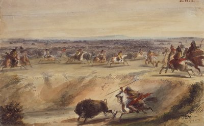 A Surround or Hunting the Buffalo, cca 1839 (tužka, pero a inkoust, akvarel a kvaš na papíře) od Alfred Jacob Miller