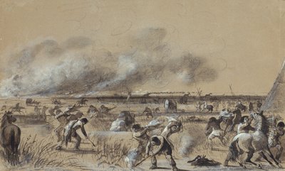 Oheň na prérii, zapalování tábora, kolem roku 1837 (mytí se světly na papíře) od Alfred Jacob Miller