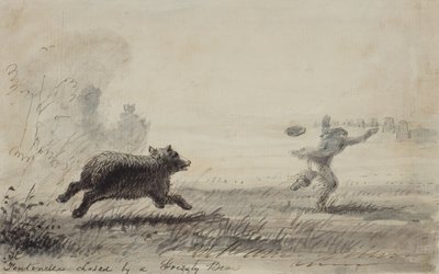 Fontenelle Chased by a Grizzly Bear, cca 1837 (pero, inkoust a mytí na papíře) od Alfred Jacob Miller
