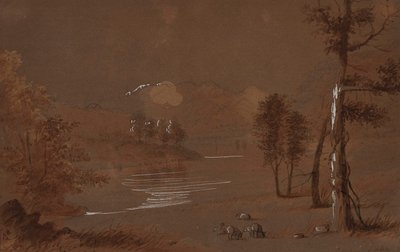 Pohled na jezero a hory od Alfred Jacob Miller