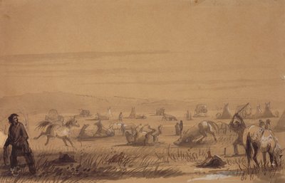 Reaching Camp, Removing the Saddles, c.1837 (tužka, pero a inkoust, mytí a kvaš na papíře) od Alfred Jacob Miller
