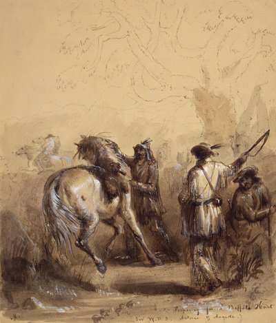 Sir W.D.S., Antoine a Auguste aneb Příprava na lov bizonů, kolem roku 1837 (pero a inkoust, praní a kvaš na papíře) od Alfred Jacob Miller