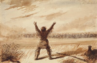 Trapper Disturbed in Rest by a Herd of Buffalo, c.1837 (tužka, pero a inkoust a mytí na papíře) od Alfred Jacob Miller