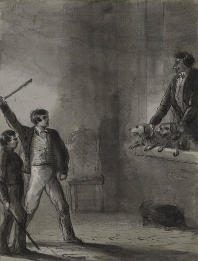 Dva chlapci se zdviženými holemi, zatímco muž a psi vyhlížejí z okna od Alfred Jacob Miller