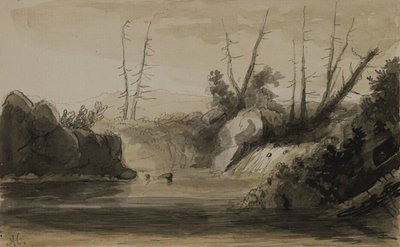 Pohled na vodopád a malé jezero od Alfred Jacob Miller