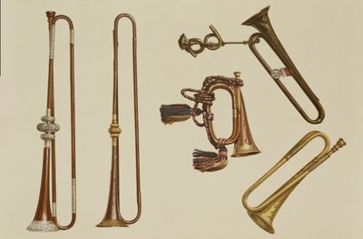 Jezdecká trubka, polnice, zlacená trubka od Johna Harrise kolem roku 1730, trubka a stříbrná trubka od Williama Balla kolem roku 1680, z 