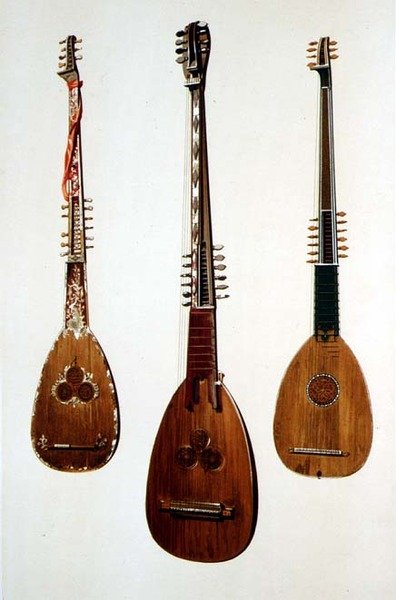Tři žitníky, dva z Benátek kolem roku 1608 a jeden z Británie kolem roku 1885, z knihy "Hudební nástroje" (kolorovaná litografie) od Alfred James Hipkins