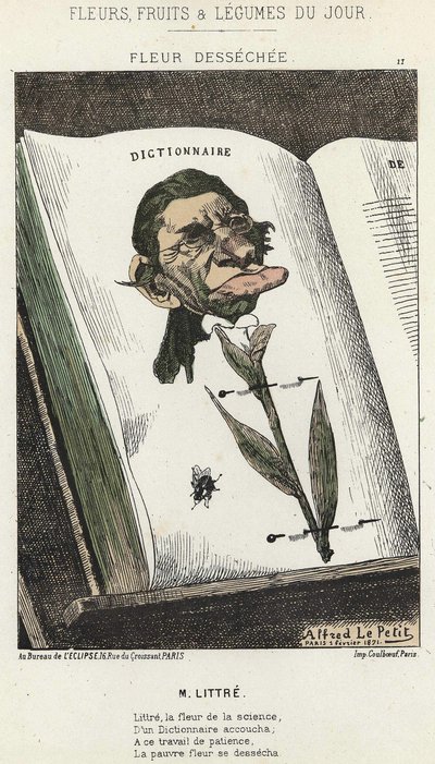Déséchée flower: karikatura na Littré - ill. od 01.02.1871 v „Květiny, ovoce a zelenina dne“ od Alfred Le Petit