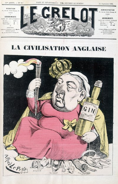 Anglická civilizace: Victoria, láhev ginu v ruce, sedící na Egyptě, Irsku, Indii, Africe a Číně - od Alfreda Le Petittyho, v „“Le Grelot““ z 24.9.1882 od Alfred Le Petit