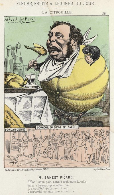 La Pumpkin: Karikatura na Ernest Picard - nemocný. ze dne 14.03.1871 „Květiny, ovoce a zelenina dne“ od Alfred Le Petit