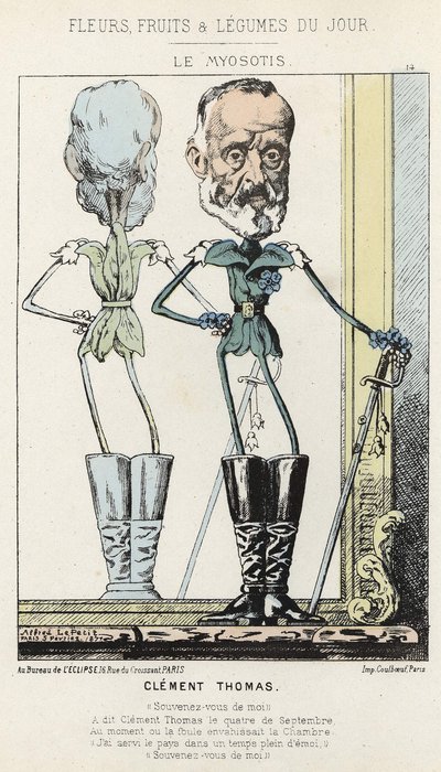 Le Myosotis: karikatura o Clémentu Thomasovi - nemocný. od 02.03.1871 v „Květiny, ovoce a zelenina dne“ od Alfred Le Petit