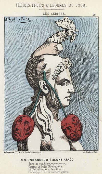 Les Cherry: karikatura na MM Emmanuel a Etienne Arago - nemocný. ze dne 11/03/1871 v „Květiny, ovoce a zelenina dne“ od Alfred Le Petit