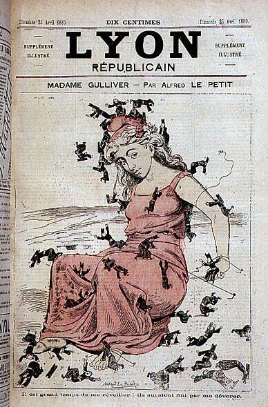 Madame Gulliver: Je nejvyšší čas mě probudit: byli by mě sežrali (Marianne stojící a muži z kléru, v liliputánech, snaží se ji svázat) - Alfred Le Petitty v „Lyon Républicain“ z 25. /04/1880 od Alfred Le Petit