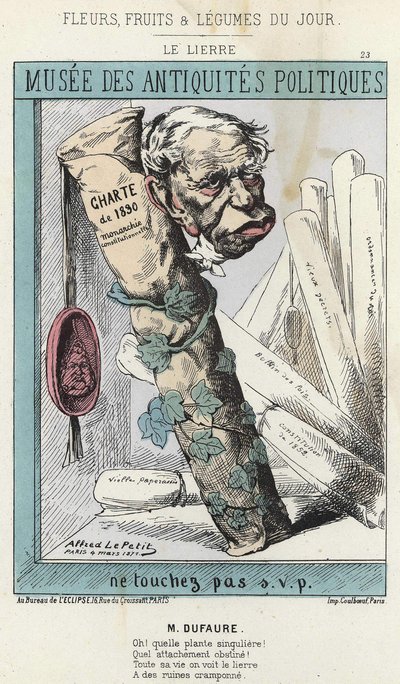 Ivy: Cartoon on Jules Armand (Jules-Armand) Dufaure (1798-1881) v břečťanu obklopující roli papíru s nápisem „Charta z roku 1830“ a pečetí s hlavou krále Ludvíka Filipa 1. - nemocný. ze dne 04.03.1871 v ”Květiny, ovoce a zelenina of the od Alfred Le Petit