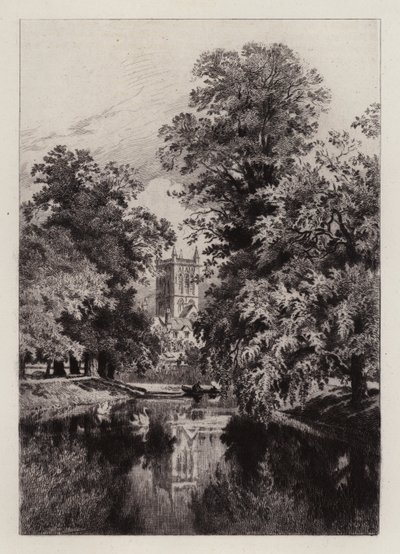 Cambridge: Cam poblíž Trinity College, s věží kaple svatého Jana (lept) od Alfred Louis Brunet Debaines