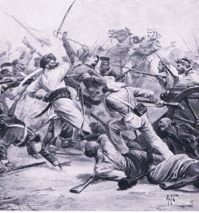 Nicholsonova porážka rebelů u Najafgarhu, 2. srpna 1857, ilustrace z britských bitev na souši a na moři, 1915 od Alfred Pearse