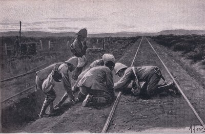 Naše jednotky vyhodí do povětří vojenskou železnici severně od Bloemfonteinu (litho) od Alfred Pearse