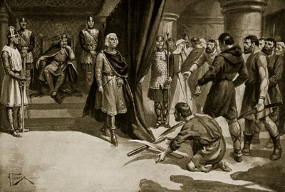 Rolníci házeli radlicemi k nohám Jindřicha I., ilustrace z „Hutchinsonova příběhu britského národa“, kolem roku 1920 (litho) od Alfred Pearse