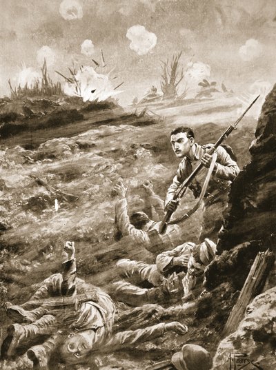 Vojín E. Warner držel jednou rukou příkop, který byl evakuován po plynovém útoku od Alfred Pearse