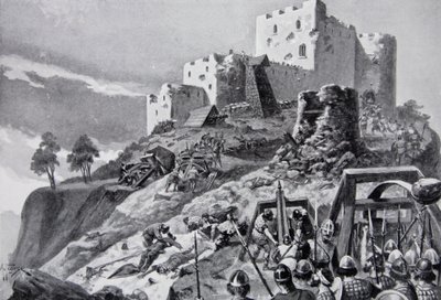 Velšský útok na hrad Montgomery v roce 1095 vedený Cadwganem ap Bleddynem, princem z Powys, ilustrace z 