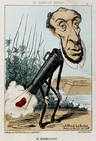 Le Bean rouge: karikatura Victora Schoelchera zastoupená ve vlaku Petra fazole (prd) - nemocný. ze dne 16. 2. 1871 v "Fleurs, Fruits and Vegetables du Jour" od Alfred Petit