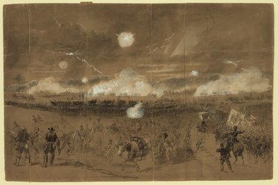 Couchův sbor tvoří bojovou linii na polích v Chancellorsville, aby kryl ústup jedenáctého sboru, který potupně utíkal pryč Abstrakt/medium od Alfred R. Waud