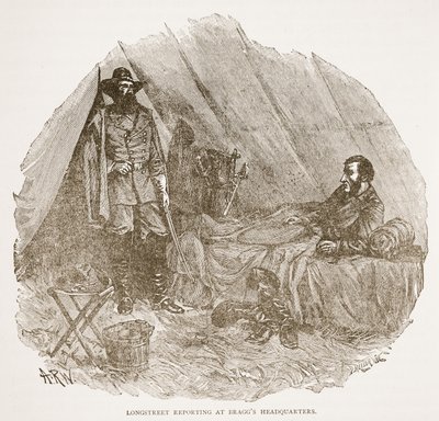Longstreet podává hlášení na Braggově velitelství, z knižní publikace. 1896 od Alfred Rudolph Waud
