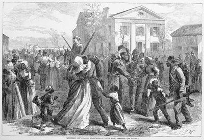 Shromážděni barevní dobrovolníci v Little Rock v Arkansasu z hospody Harpers Weekly. 1866 od Alfred Rudolph Waud