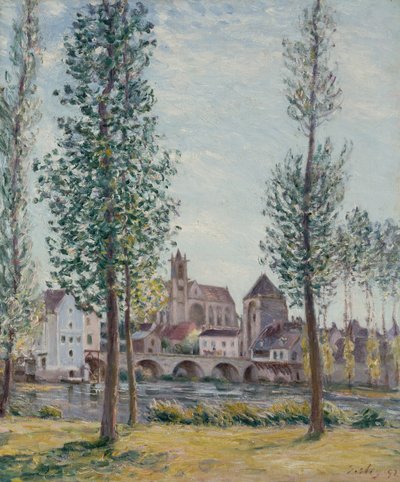 Pohled na Moret sur Loing skrz stromy od Alfred Sisley
