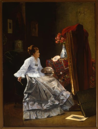 Připsáno A.Stevensovi, dáma u svého stojanu / Malba od Alfred Emile Stevens