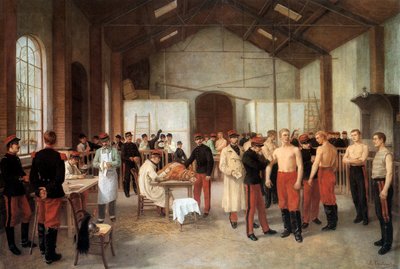 Očkování francouzských důstojníků v nemocnici Val de Grace v Paříži kolem roku 1900 (olej na plátně) od Alfred Touchemolin