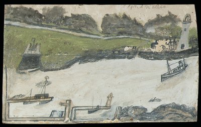 Přístavní scéna s hradem a majákem (tužka a olej na kartě) od Alfred Wallis