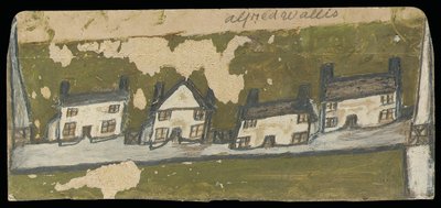 Řada čtyř chatek (olej a tužka na kartě) od Alfred Wallis