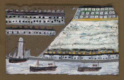 Lodě a maják, domy (tužka a olej na papíře) od Alfred Wallis