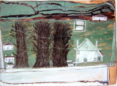 Tři stromy, Bílý dům v krajině (olej na kartonu) od Alfred Wallis