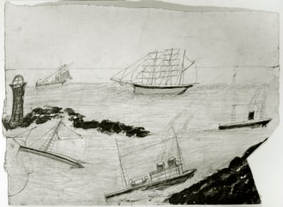 Tři plachetnice, dvě parníky a maják Godrevy, kolem 1935-38 (olej a tužka na kartičce) od Alfred Wallis