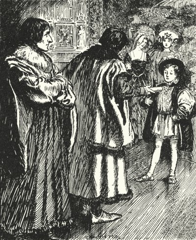 Erasmus sledoval, jak sir Thomas More představuje báseň, kterou napsal mladému princi Jindřichovi, budoucímu králi Jindřichu VIII od Alfred Wallis Mills